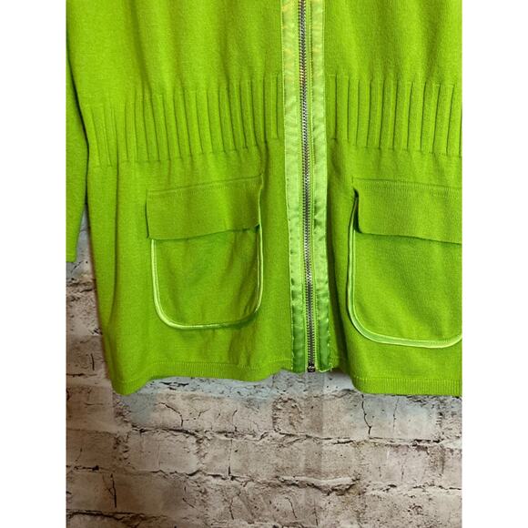AVA Sweater Womens Large Neon Green Full Front Zip Up Satin Cowl Neck Cardigan - Picture 5 of 12